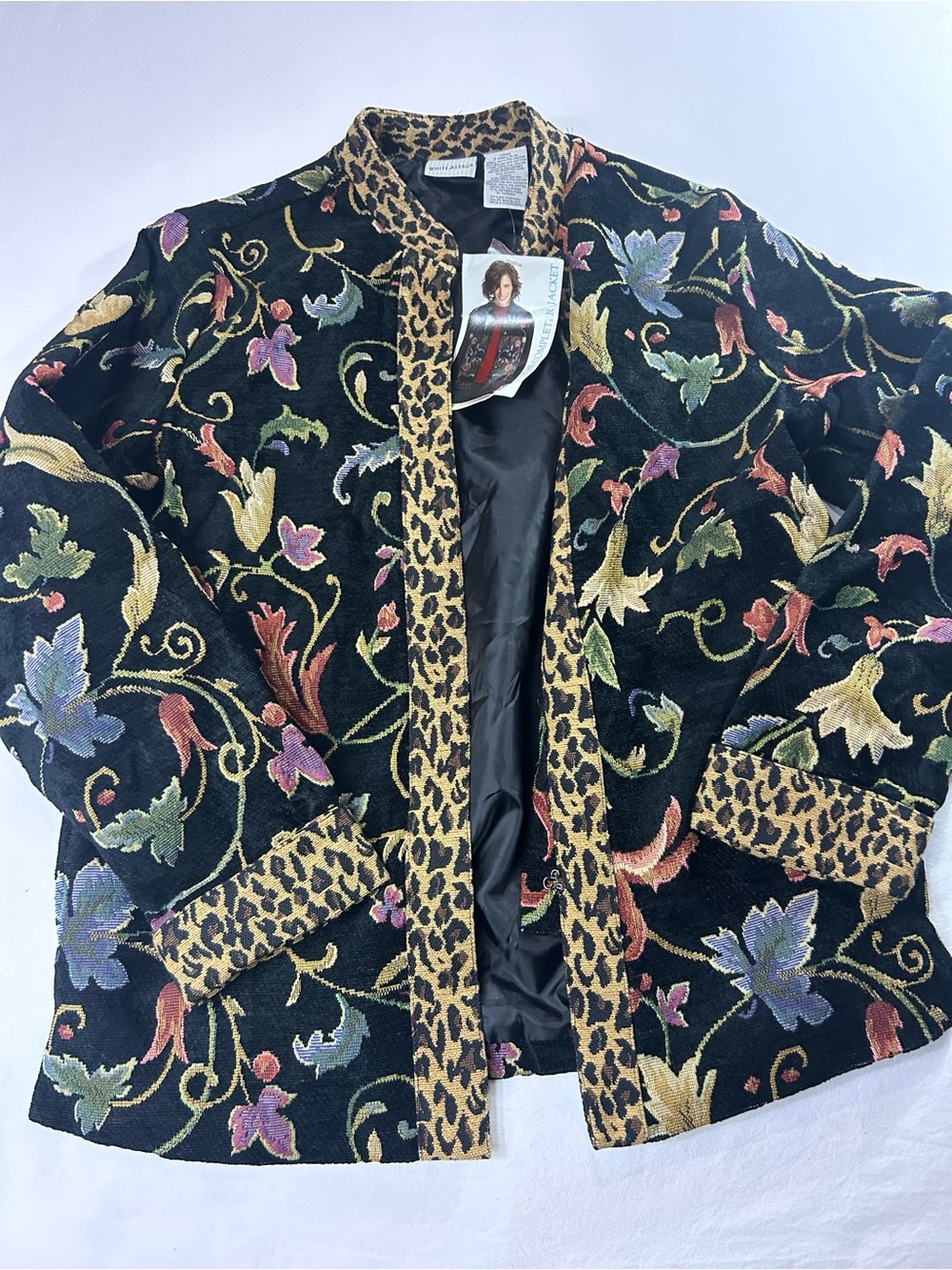VTG Floral Embroidered Black Jacket with Leopard Trim